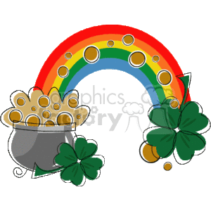 clipart - A Rainbow with a Silver Pot of Gold and two Four Leaf Clovers.