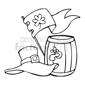 Black and white beer keg with leprechaun hat and clover flag clipart.