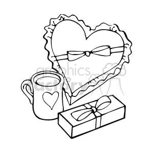 The clipart image features a collection of Valentine's Day related items. There is a large heart with a bow, indicating it could be a heart-shaped pillow or a decorated card. Additionally, there is a cup adorned with a smaller heart, suggesting a romantic beverage or gift, and a rectangular gift with a bow, portraying a wrapped Valentine's Day present.