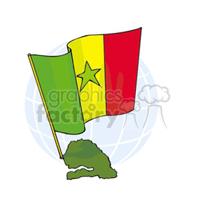 The clipart image features the flag of Senegal, with three vertical bands of green, yellow, and red, and a green star in the yellow band. The flag is placed in front of a stylized globe, and below the flag is an outline of a landmass that appears to represent the country of Senegal.