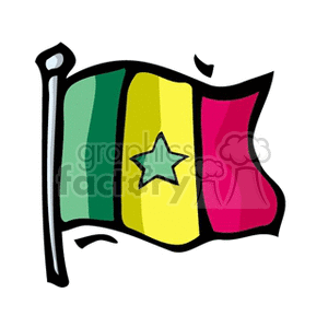 The image is a stylized clipart drawing of the national flag of Senegal. The flag is depicted with three vertical bands of color: green, yellow, and red. In the center of the yellow band, there is a green star.