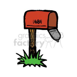 The image shows a classic red mailbox with a curved dome top and a small flag on the right-hand side, mounted on a wooden post. The mailbox has the number 1684 written on its side and is situated in a setting that suggests there is grass at the base. The mailbox door is slightly ajar.