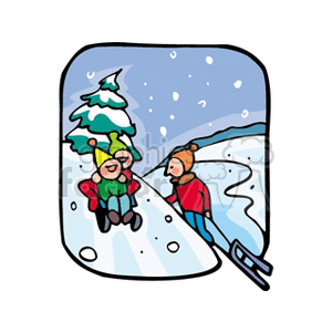 children playing on a snow hill with sleds clipart. Commercial use image # 152836