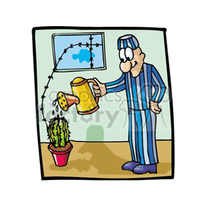   jail prison inmate prisoner criminal crook time waste crime justice cell man guy people cartoon cactus cactuses watering Clip Art People 