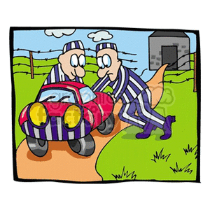 Two inmates escaping from jail in a red car clipart.