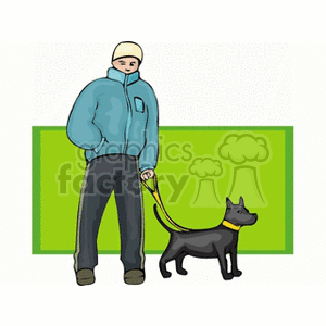 A Man Bundled in a Winter Coat Standing with a Black Dog on a Leash clipart. Commercial use image # 154686