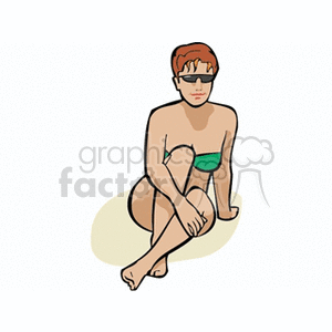 Red haired woman at the beach in a green bathing suit clipart.