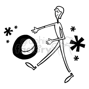 The clipart image features a stylized stick figure of a man rolling a tire with his foot. The man appears in profile and is walking towards the left with one hand extended forward and the other by his side. The tire is in motion with several asterisk shapes around it to denote movement. It's a simple line drawing with no colors other than black lines on a transparent background.