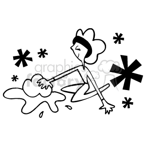 The clipart image depicts a stylized lady cleaning up a spill on the floor. She appears to be wiping the spill with her hand, and there are sparkles around her, possibly indicating the cleanliness or the act of scrubbing vigorously. The lady is depicted in a dynamic posture, emphasizing the action of cleaning.