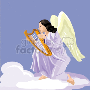 A Black Haired Angel On the Clouds Playing a Harp clipart. Royalty-free image # 156237