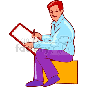 A Male Artist Sitting on a Yellow Box Sketching a Picture clipart. Royalty-free image # 156257