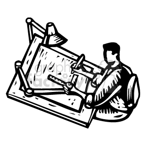 Black and White Architect Working at a Drafting Table using a lot of tools clipart. Commercial use image # 156320