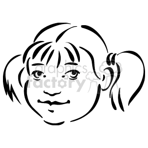 The clipart image depicts a stylized, simple outline of a girl's face. She has two pigtails, bangs, and a neutral expression.