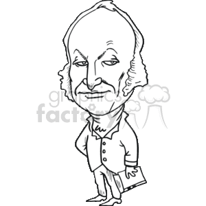 The image is a black and white caricature of an American president, John Quincy Adams. It depicts a historical figure in a humorous, exaggerated style. The character has prominent facial features, a stern expression, and is dressed in vintage clothing indicative of past U.S. political figures. He is also carrying a document, which could represent a nod to historical statecraft or declarations.