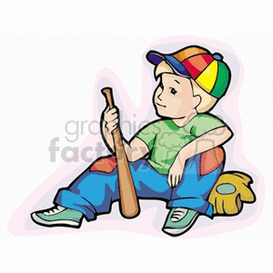 Boy sitting with a baseball bat and glove