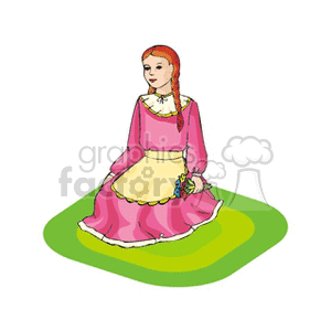 clipart - A red haired girl with braids sitting with a pink dress and a bouquet of flowers in her hand.