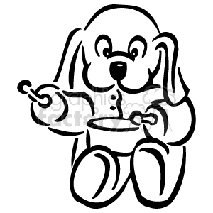 A black and white puppy dog beating on a drum clipart.