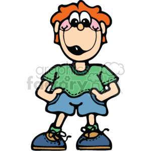 A smiling boy with his hands in his pockets wearing blue jean shorts and a green shirt clipart. Commercial use image # 159251