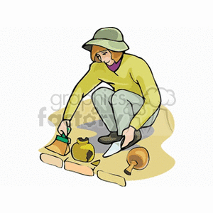 Woman architect digging for old pots clipart.