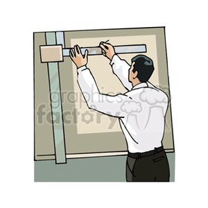 clipart - Male architect measuring a drafted project.