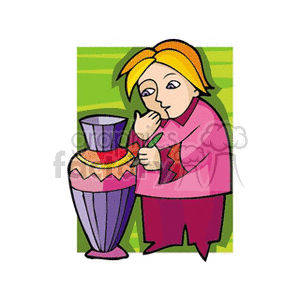 clipart - Woman artist painting a vase with paint.