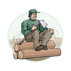Lumberjack sitting on logs holding an axe  clipart. Royalty-free image # 159908