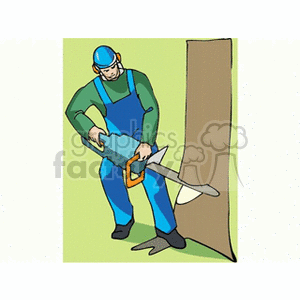 clipart - Lumberjack cutting down a tree with a chainsaw wearing overalls.