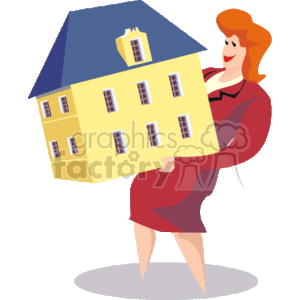 The image features a stylized illustration of a woman with red hair dressed in professional attire. She is holding a large illustration of a yellow house with a blue roof. This portrays the concept of a real estate agent or realtor presenting a property. She appears cheerful and confident, which is often indicative of the friendly and professional demeanor expected from realtors.