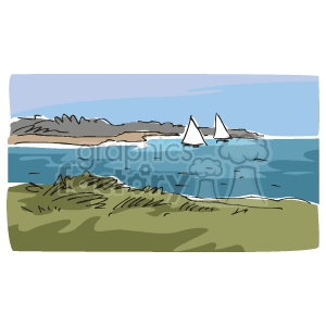 The clipart image depicts a coastal scene, possibly of an east coast shoreline. There are two sailboats on the water, with a calm ocean spread before them. In the foreground, there is a grassy area that might be a dune or hill, and in the background, there appears to be a landmass with cliffs or hills.