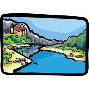 clipart - Cabin on a nice blue lake.