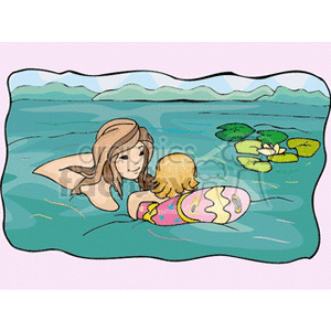 Mother swimming with her child clipart.