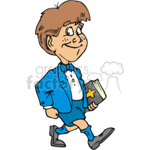 A boy in a blue suit walking with a bible in his hand