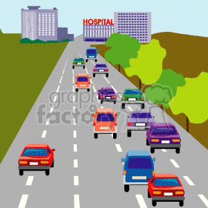   traffic cars highway freeway expressway city building buildings cities  hospital001.gif Clip Art Science Health-Medicine 