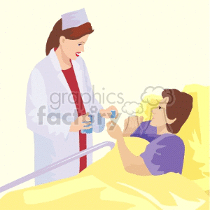A little boy in the hospital with a nurse giving him medicine clipart.