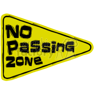 The image contains a yellow triangular street sign with bold black letters that read NO PASSING ZONE. The sign is designed to notify drivers that they are entering an area where overtaking and passing other vehicles is not allowed.