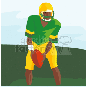 This is a clipart image depicting a football player holding a football. The player is wearing a green jersey, yellow helmet with a visor, and yellow pants, which are traditional football gear. The background suggests a simple outdoor setting, possibly a football field with the sky above.