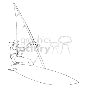 The clipart image depicts a person windsurfing. The surfer is standing on a surfboard and holding onto a sail, which is catching the wind to propel them forward across the water's surface.