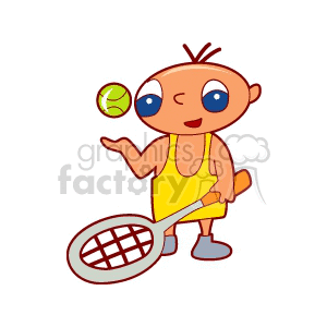A big blue eyed cartoon boy holding a tennis racket and ball clipart. Commercial use image # 170008