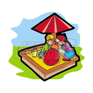 Three children playing in a sandbox clipart. Commercial use image # 171249