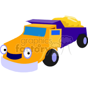 The clipart image depicts a cartoon-style dump truck typically used for transportation in construction settings. The truck has a friendly face on the front, making it appealing for children’s educational content or playful graphics. It's colored orange and purple and appears to be carrying a load of sand or dirt in its bed.