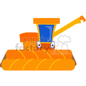 The image depicts a stylized and cartoonish representation of a combine harvester, a type of machinery used in farming to harvest crops. The combine in the clipart is simplified with basic shapes and bright colors, featuring a front cutting bar, wheels or tracks for movement, a main body of the machine, and an ejection chute which is often used for dispensing the harvested material.