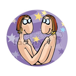 The image depicts a stylized illustration of two identical figures facing each other. The figures have simplistic facial features, brown hair with earrings, and are posed as if contemplating or looking at one another. The background is a purple circle filled with stars of various sizes and colors, suggesting a whimsical or dreamy setting. It is depicting gemini twins.