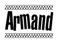 The image contains the text Armand in a bold, stylized font, with a checkered flag pattern bordering the top and bottom of the text.