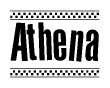 The image is a black and white clipart of the text Athena in a bold, italicized font. The text is bordered by a dotted line on the top and bottom, and there are checkered flags positioned at both ends of the text, usually associated with racing or finishing lines.
