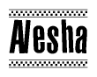 The image contains the text Alesha in a bold, stylized font, with a checkered flag pattern bordering the top and bottom of the text.
