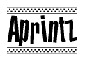 The image is a black and white clipart of the text Aprintz in a bold, italicized font. The text is bordered by a dotted line on the top and bottom, and there are checkered flags positioned at both ends of the text, usually associated with racing or finishing lines.
