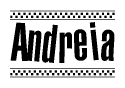 The image contains the text Andreia in a bold, stylized font, with a checkered flag pattern bordering the top and bottom of the text.