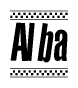 The image is a black and white clipart of the text Alba in a bold, italicized font. The text is bordered by a dotted line on the top and bottom, and there are checkered flags positioned at both ends of the text, usually associated with racing or finishing lines.