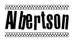 The image contains the text Albertson in a bold, stylized font, with a checkered flag pattern bordering the top and bottom of the text.