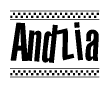 The clipart image displays the text Andzia in a bold, stylized font. It is enclosed in a rectangular border with a checkerboard pattern running below and above the text, similar to a finish line in racing. 
